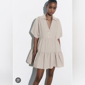 Zara Linen Blend Lace Trim Tiered Mini Dress Sand/ Cream, Size S